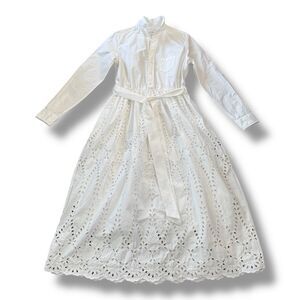 Frank & Eileen Grace Eyelet Midi Dress White Belted Classy Preppy Women’s Size S